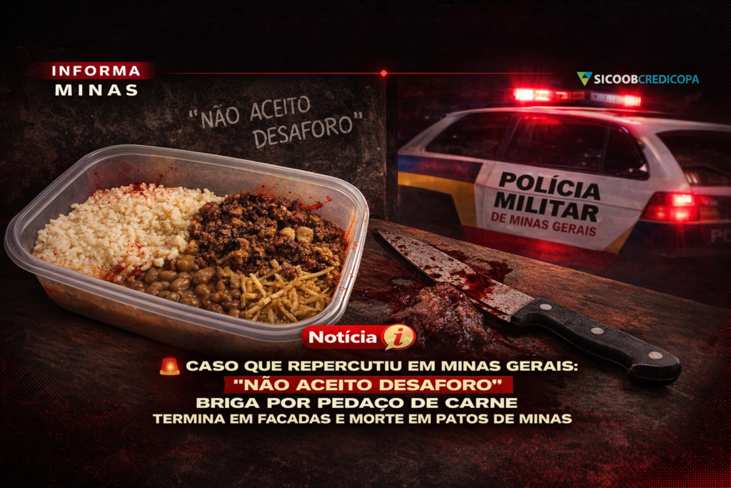 Capa adaptada por IA a partir da arte original da notícia: Discussão por pedaço de carne termina com homem morto a facadas em Patos de Minas