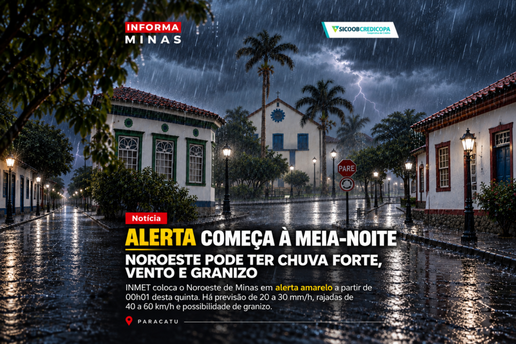 Capa adaptada por IA a partir da arte original da notícia: Alerta amarelo prevê chuva, ventos fortes e granizo no Noroeste de Minas